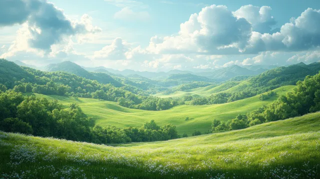 Lush green hills and a meadow valley with dappled sunlight and distant mountain layers.