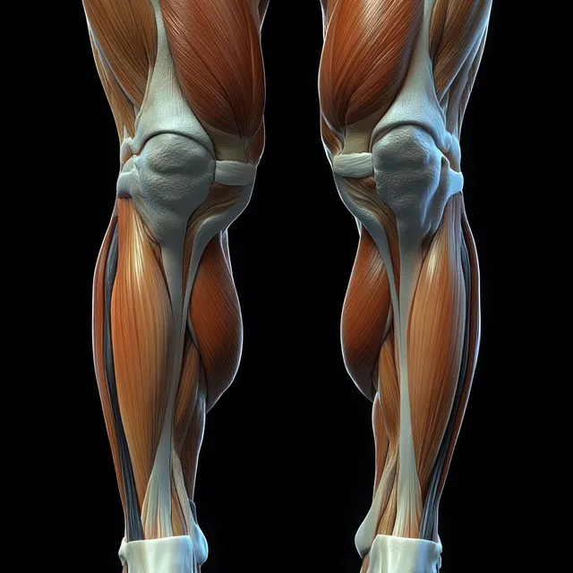Anatomical illustration showing quadriceps and hamstrings muscles on both legs with highlighted knee joints.