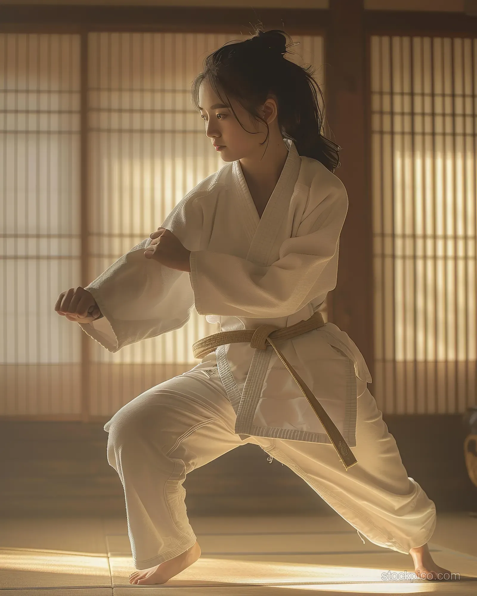 South Korean female judoka in a white gi lunges with hands extended on tatami inside a sunlit traditional dojo.
