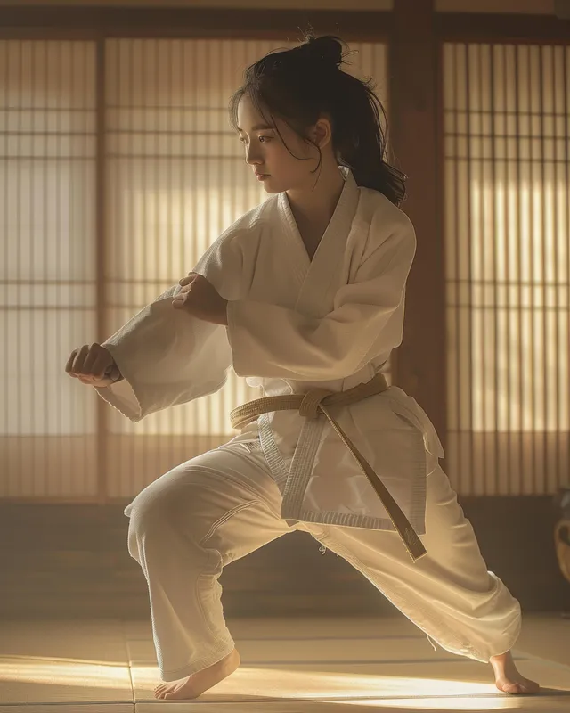 South Korean female judoka practicing a lunge throw inside a quiet dojo at sunrise light