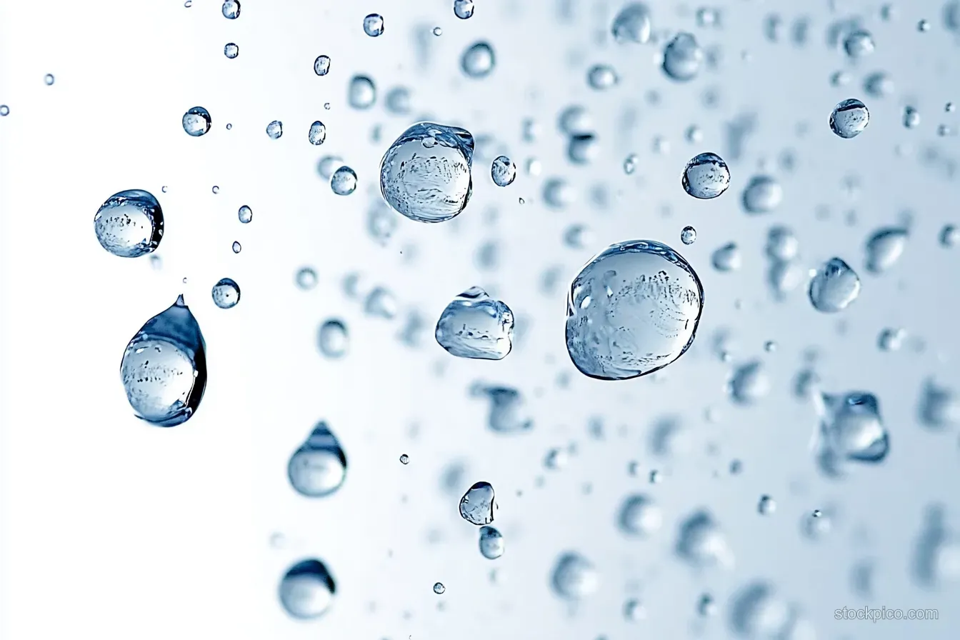Macro cluster of clear water droplets suspended in midair against a softly blurred light-blue background.