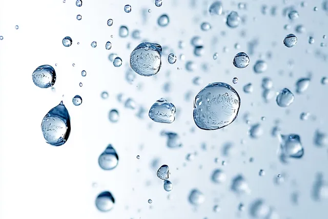 Close-up cluster of clear water droplets suspended in blue air with crisp reflections