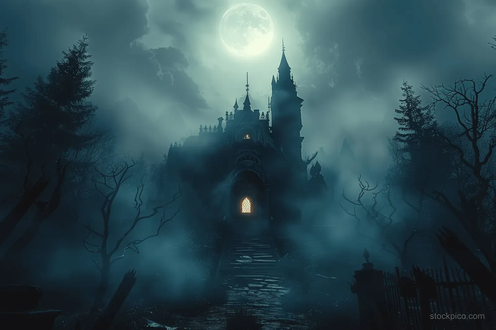 A haunted gothic castle stands on a foggy hill at night under a bright full moon with dark trees.