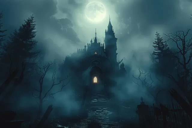 A haunted gothic castle stands on a foggy hill at night under a bright full moon with dark trees.