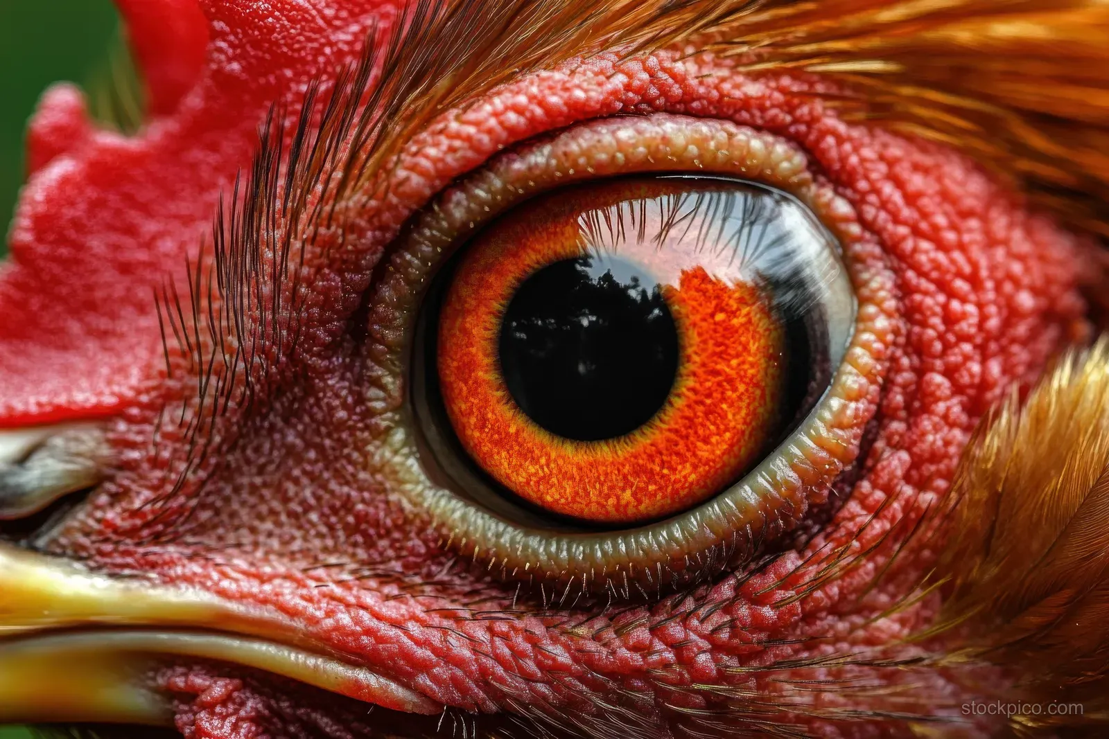 Macro close-up shows a chicken’s orange eye with red skin texture and blurred feather background.