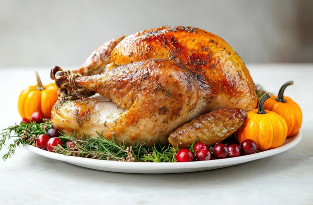 Golden roasted whole turkey on a white plate with rosemary, cranberries, and small pumpkins.