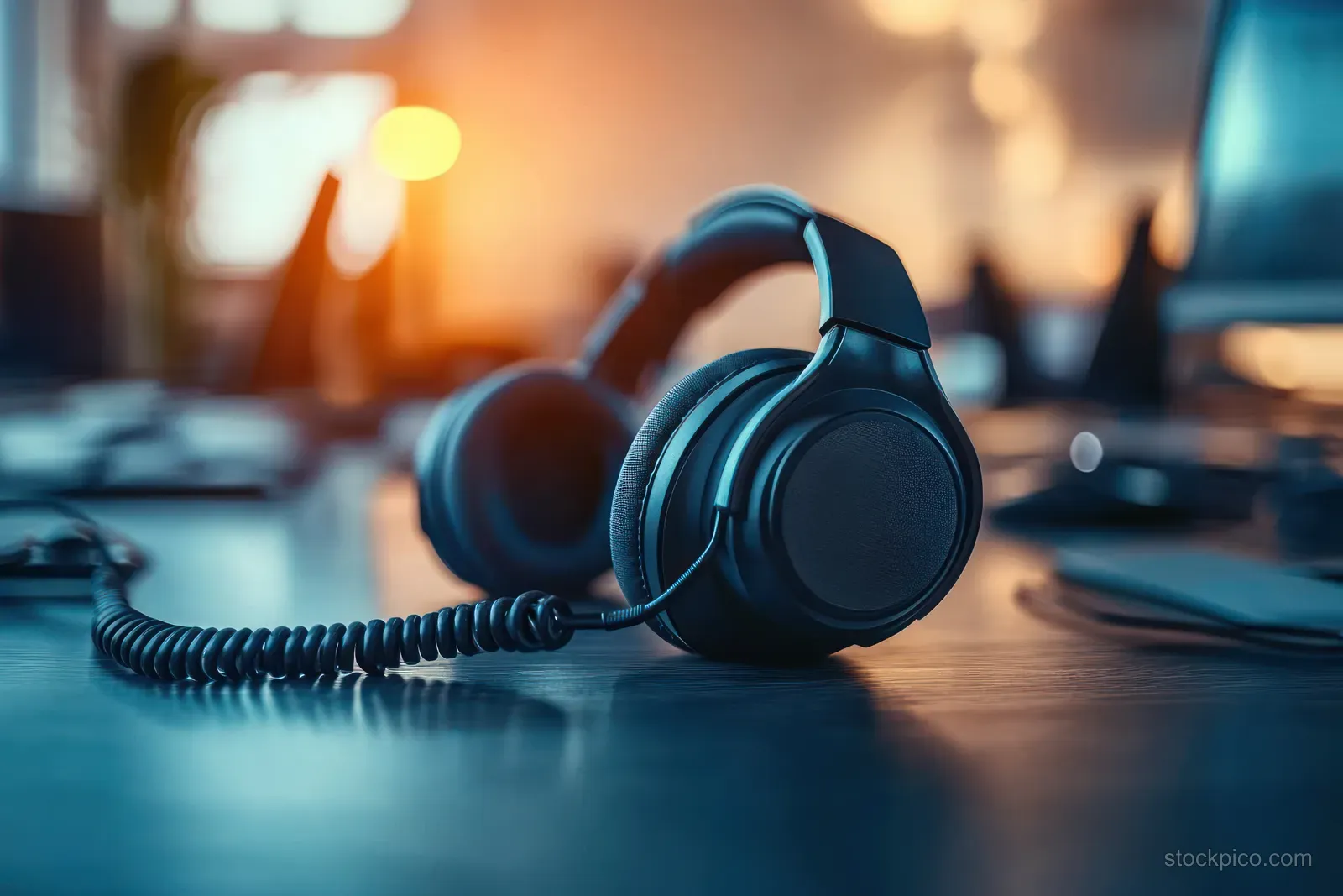 Blue over-ear call center headset resting on a desk with blurred office background lights.