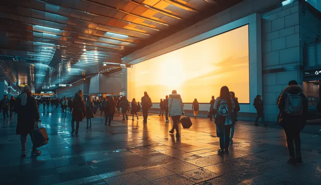 Blank white billboard in an airport hallway with travelers walking and motion blur against warm sunset light.