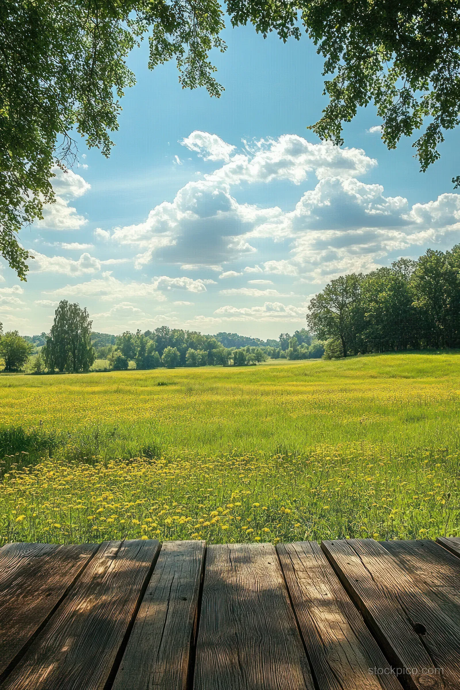 A wooden deck overlooks a green meadow filled with yellow flowers under a blue sky with fluffy clouds.