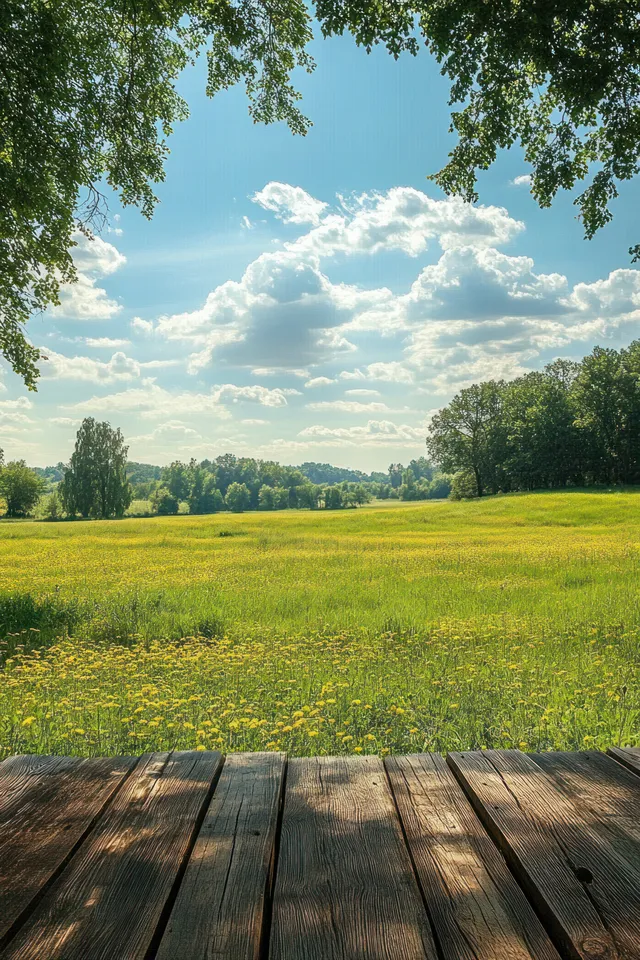 A wooden deck overlooks a green meadow filled with yellow flowers under a blue sky with fluffy clouds.