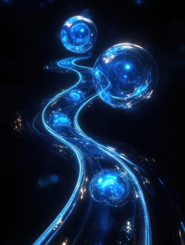 Glowing blue glass spheres above a winding neon pathway in dark space