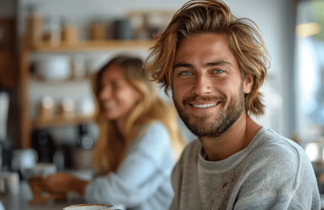 A young man holds a steaming coffee mug as coworkers in the background laugh during an office break.