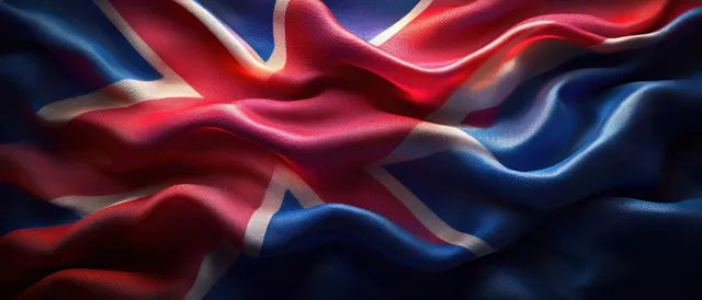 Union Jack flag waving in wind, close-up realistic fabric folds under dramatic lighting