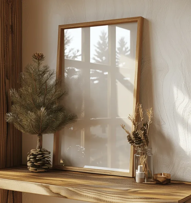 An A4 picture frame mockup sits on a light wood shelf with pine branches and sunlit window reflections behind it.