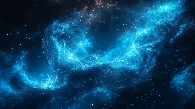 Vibrant blue cosmic nebula with glowing particles and swirling star clusters in deep space