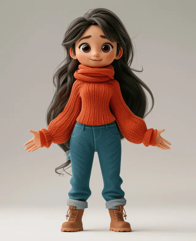 3D Cartoon Woman in Red Sweater Presenting on White Background