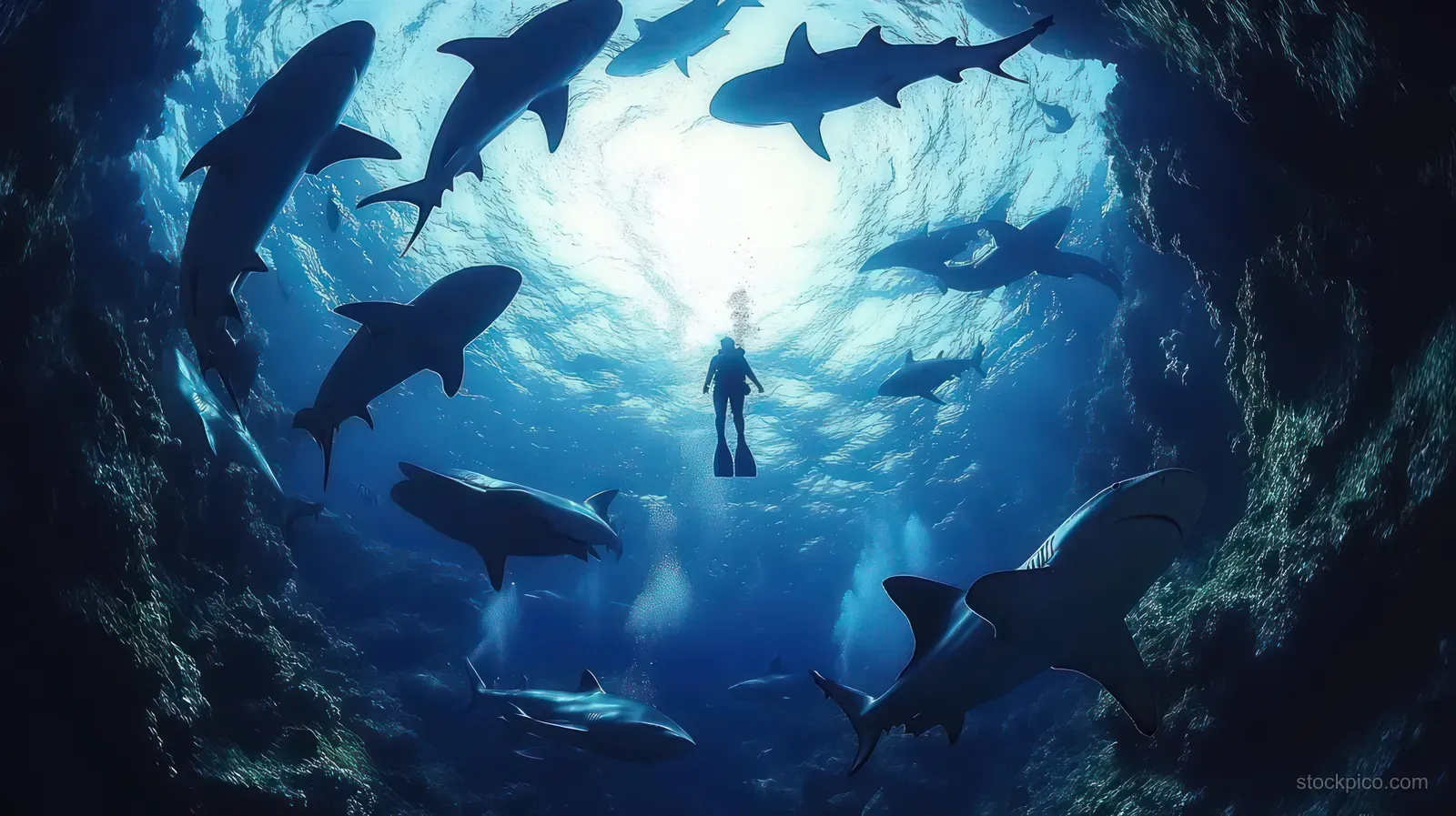 Diver in blue underwater light surrounded by multiple dark shark silhouettes in open ocean.