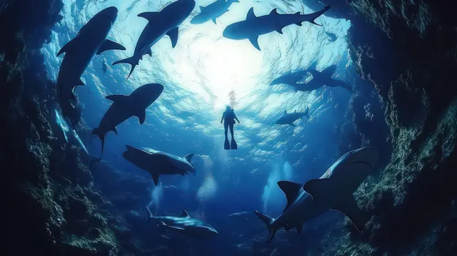 Underwater diver swims in blue light surrounded by dark shark silhouettes