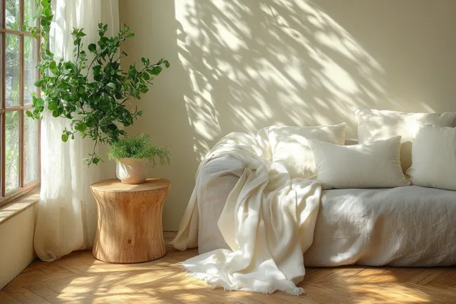 Grey sofa with white throw, wooden table, and a potted plant in a sunlit minimalist living room.