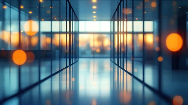 Empty glass-walled office corridor reflecting warm sunset light along a symmetrical hallway perspective.