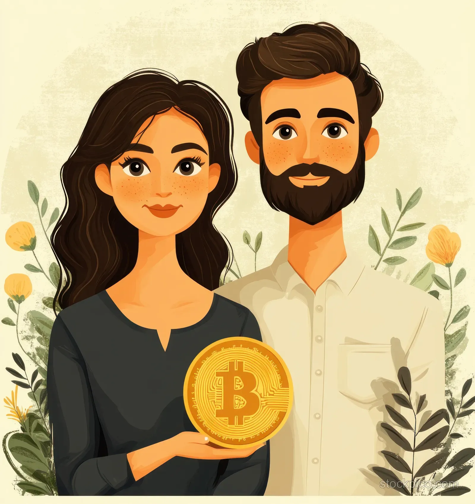 Happy retired couple smiles while holding a large gold coin, representing financial stability and retirement planning.