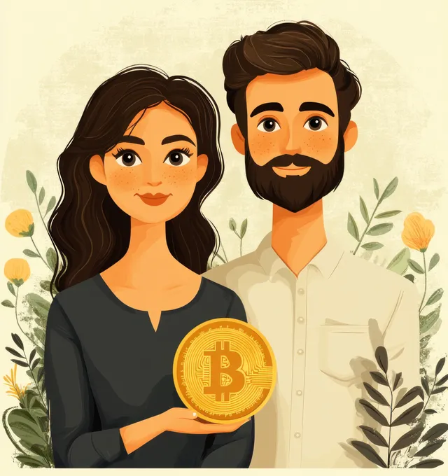 Happy retired couple smiles while holding a large gold coin, representing financial stability and retirement planning.