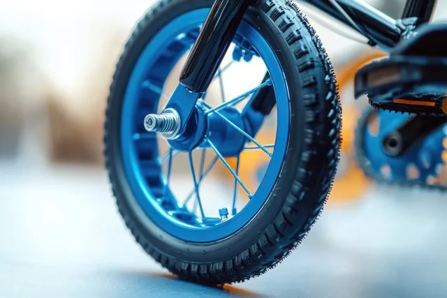 Small blue bicycle wheel close-up showing thick black tire tread and metal spokes against a blurred bright background.