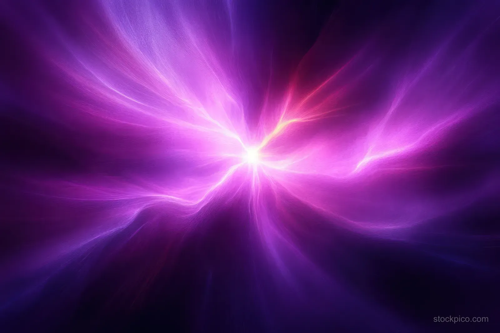 Swirling purple and pink energy beams burst from a bright center against a dark background.