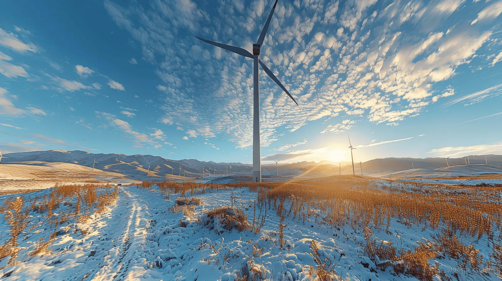 Wind turbines on a snowy field at sunset with blades turning against a bright sky.