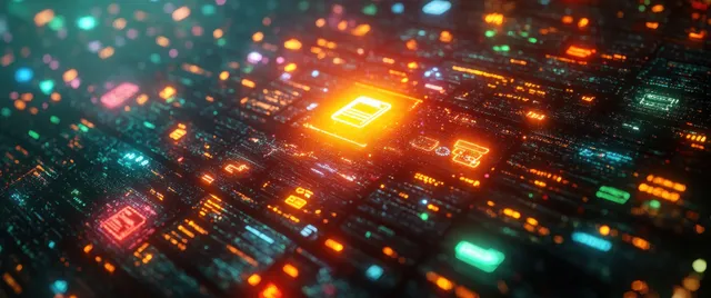 Glowing service and UI icons scattered over a green gradient background with soft shadow lighting.