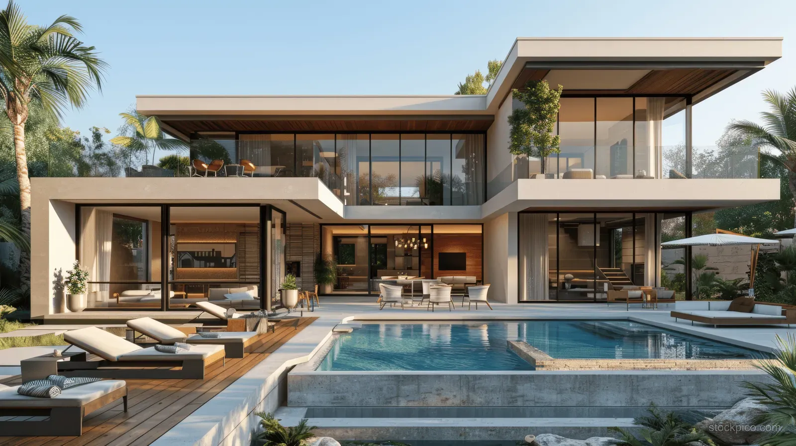 Modern villa terrace with a private swimming pool, outdoor lounge furniture, and palm-lined tropical garden.