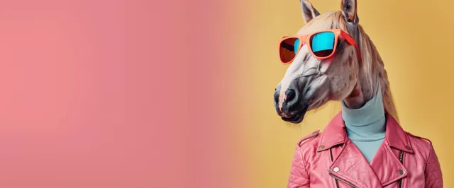 Horse in sunglasses and pink jacket against pastel gradient background