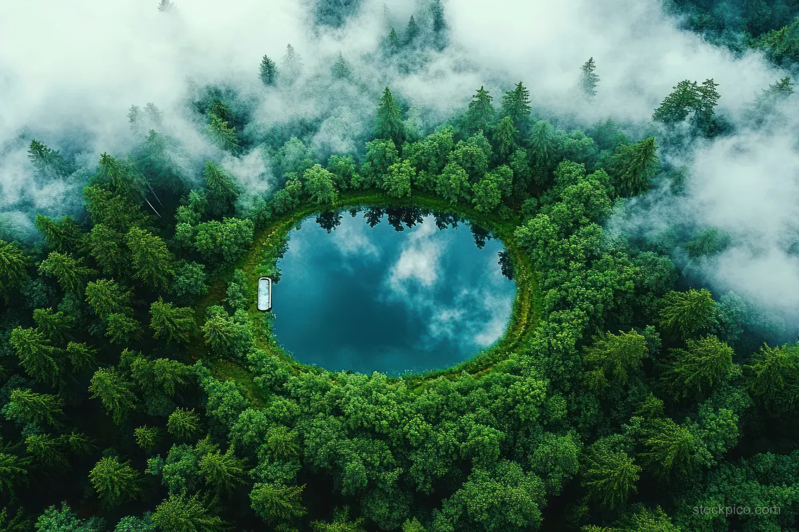 Pill-shaped lake surrounded by dense green forest with drifting mist in the background.