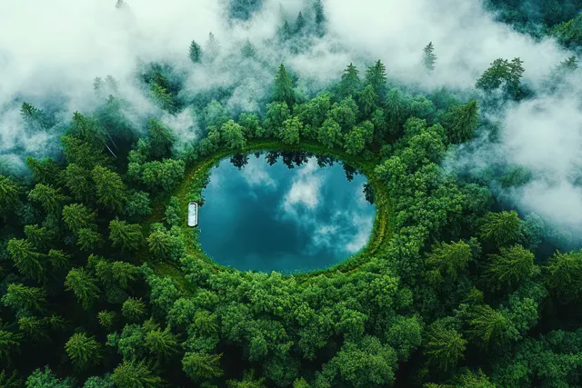 Pill-shaped lake surrounded by dense green forest with drifting mist in the background.