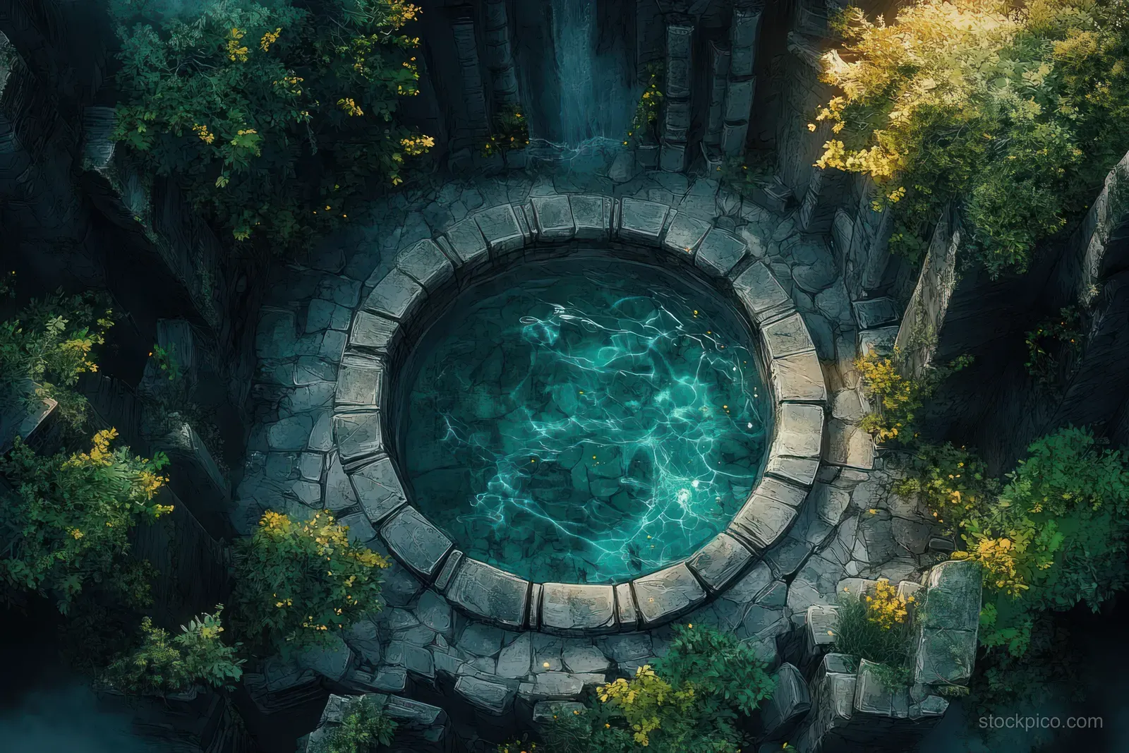 Overhead view of a circular ancient stone well with bright blue water surrounded by lush green vegetation and rocks.