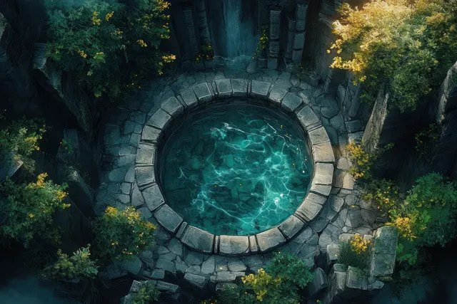 Overhead view of a circular ancient stone well with bright blue water surrounded by lush green vegetation and rocks.