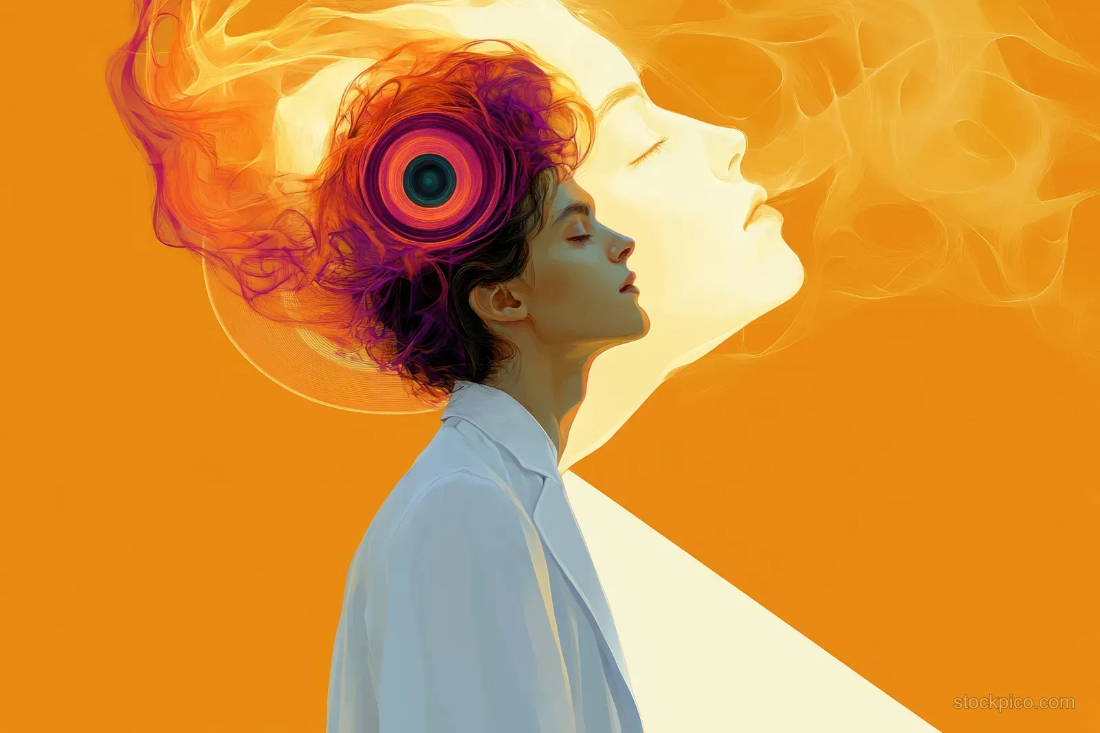 A contemplative woman in profile with swirling purple hair and a glowing ethereal face over an intense orange background.