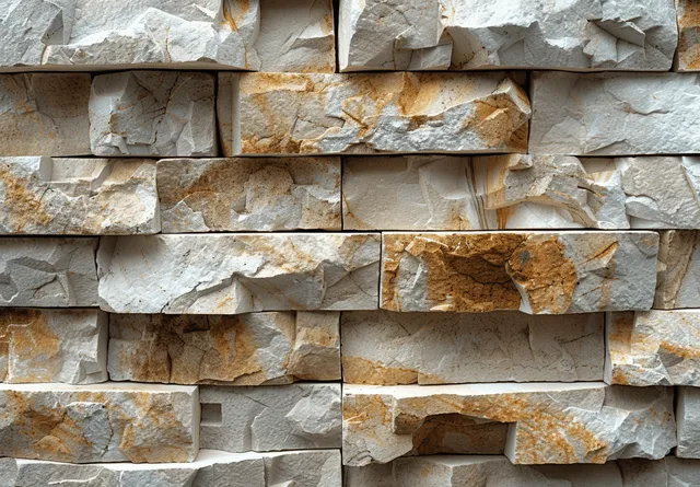 Chiseled beige cream white stone brick wall texture with rough mortar seams filling the frame.