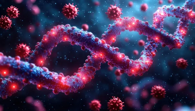 Glowing DNA double helix surrounded by red virus particles in a dark blue microscopic space with Virology And Infection