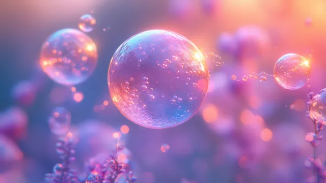 Iridescent neon bubbles in teal and violet glow float over a soft abstract background.