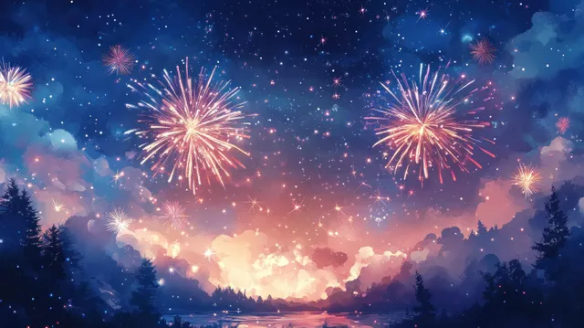 五彩烟花在繁星点点的水彩夜空中绽放，下方是深色的树木剪影。