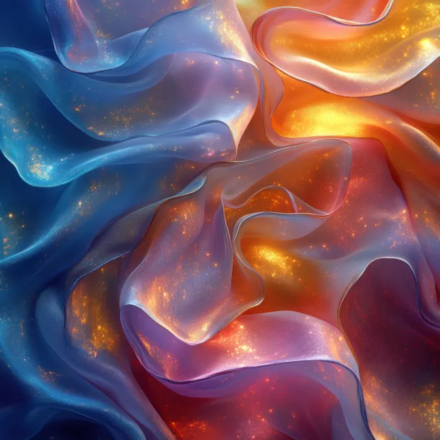 Iridescent flowing fabric waves in pink, blue, and gold forming a seamless background pattern