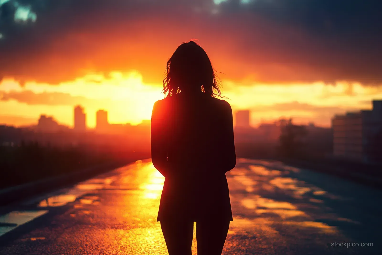 Silhouetted woman stands on a wet road, facing an orange sunset with city skyline lights in the background.