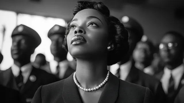 Black and white portrait of a confident woman with pearls looking upward among suited men