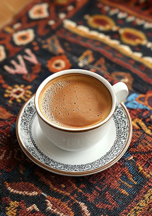 Close-up frothy espresso in white cup on patterned woven fabric with detailed ceramic rim