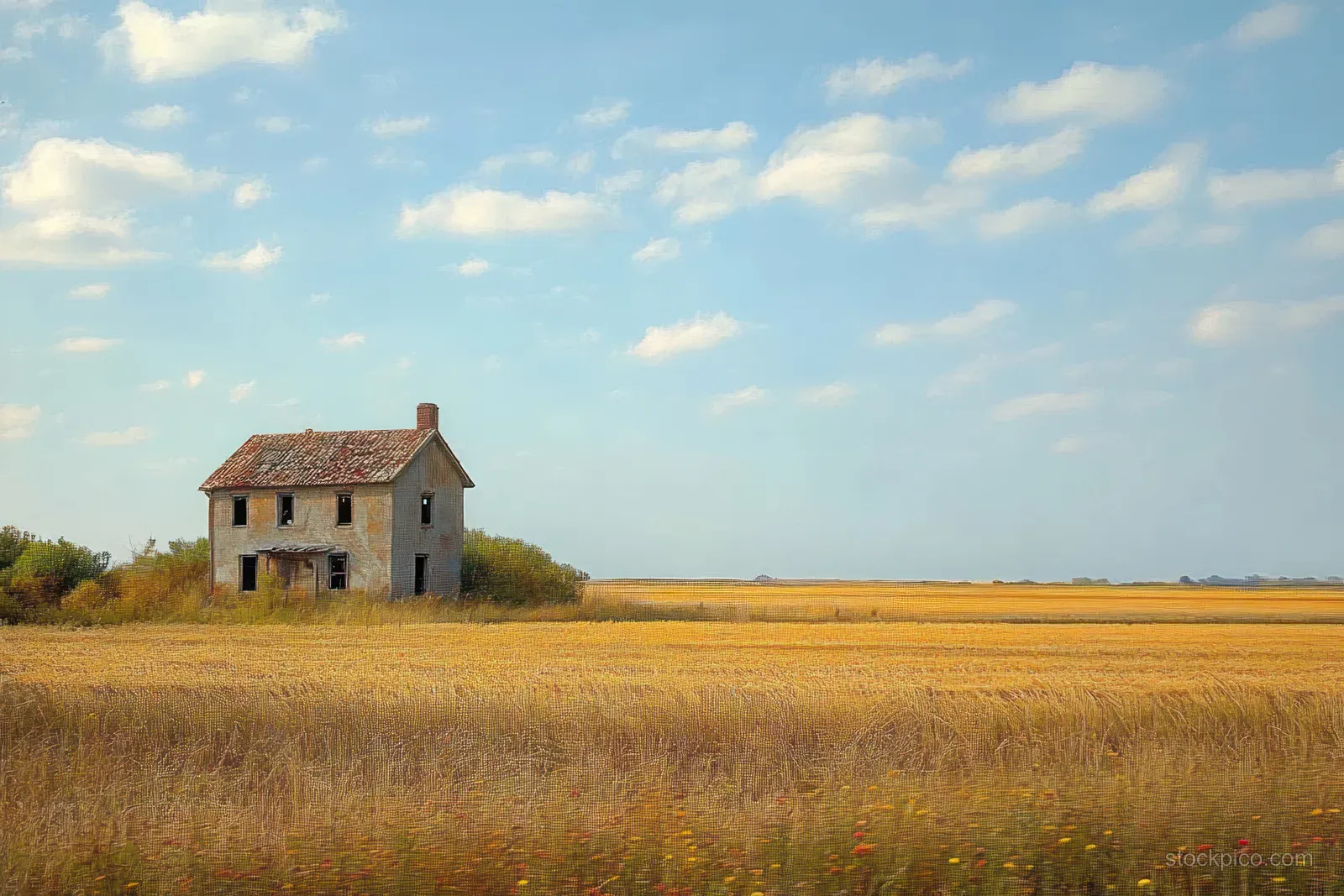 A dilapidated two-story farmhouse with missing windows sits in a golden wheat field under partly cloudy blue sky.