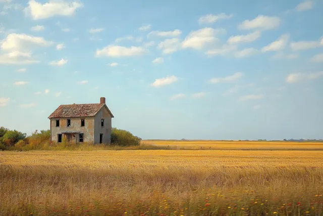 Abandoned two-story farmhouse with missing windows in golden wheat field under blue sky