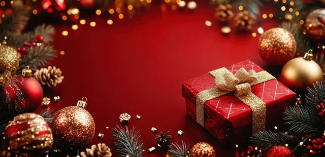 Golden wrapped gift box sits beside pine branches on a shiny red Christmas background with sparkling ornaments.