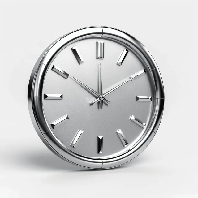 Chrome-rim wall clock 3D render with silver face and hour marks centered on a white background.