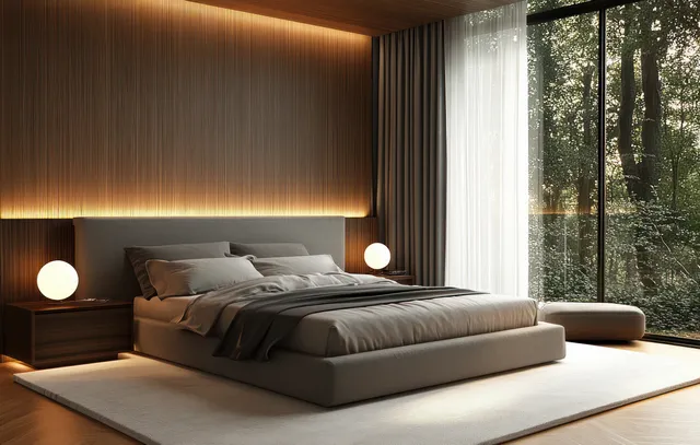 A minimalist beige bedroom with a made bed, warm headboard lighting, and sheer curtains showing trees through large windows.